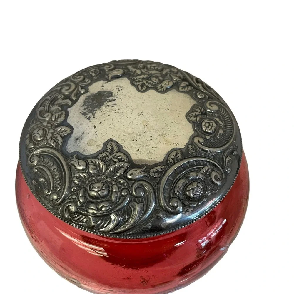 Antique Cranberry Glass Biscuit Jar Hand Painted Floral Victorian Silver Lid Red
